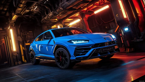 A Lamborghini Urus in electric blue illuminated by neon lights in a futuristic garage.