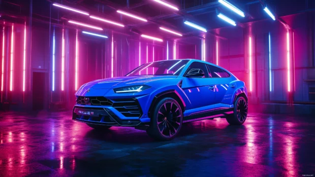 A Lamborghini Urus in electric blue wallpaper.