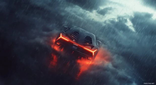 A Lamborghini Veneno racing through a smoky landscape, its exhaust emitting glowing red fire under a dramatic sky.