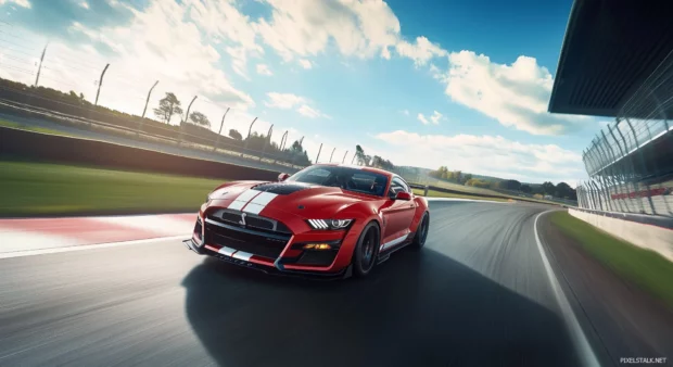 A Mustang Shelby GT500 racing on a closed racetrack.