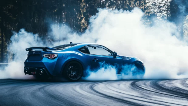 A Toyota 86 in a vibrant blue color, drifting through a mountain circuit road with clouds of tire smoke.