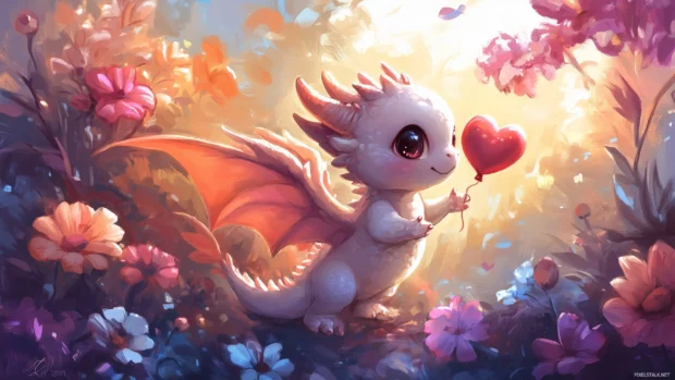 A baby dragon with tiny wings and blushing cheeks.