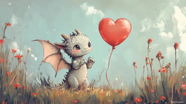 A baby dragon with tiny wings and blushing cheeks, holding a heart shaped balloon.