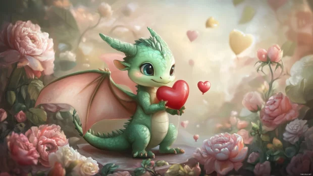 A baby dragon with tiny wings and blushing cheeks, holding a heart shaped balloon, surrounded by cute flowers and soft colors.