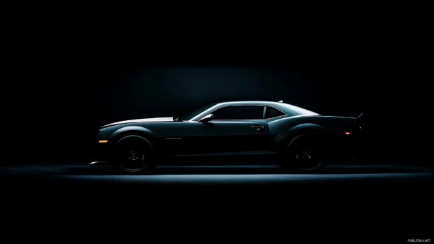 A black Chevrolet Camaro ZL1 showcased under a single spotlight, with its muscular shape emerging from a shadowy black background.