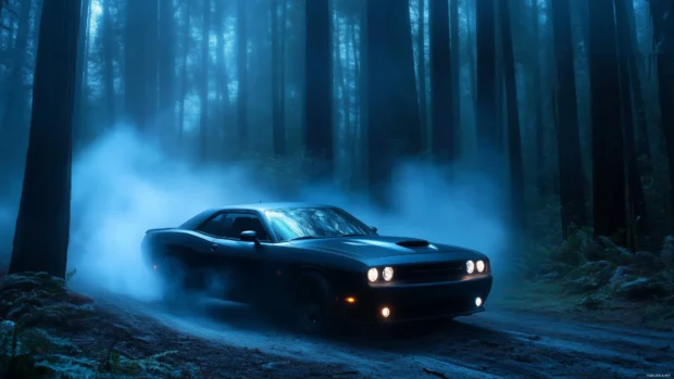 A black Dodge Charger SRT8, illuminated by the glow of streetlights, driving through a foggy, mysterious forest at night.