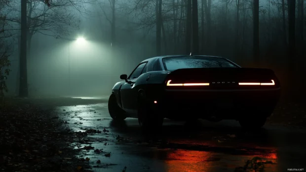 A black Dodge Charger SRT8, illuminated by the glow of streetlights, driving through a foggy, mysterious forest at night.