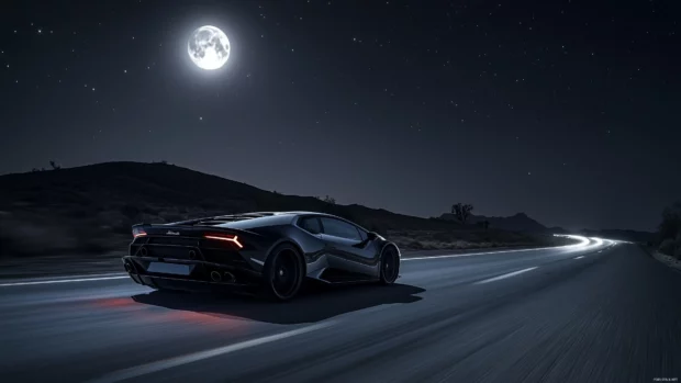 A black Lamborghini cruising along an empty highway under a full moon and starry night sky.