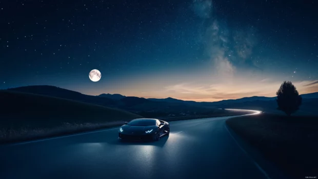 A black Lamborghini cruising along an empty highway under a full moon and starry night sky.