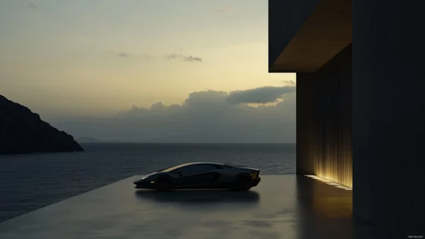 A black Lamborghini in motion, racing through a mountain tunnel with glowing headlights.