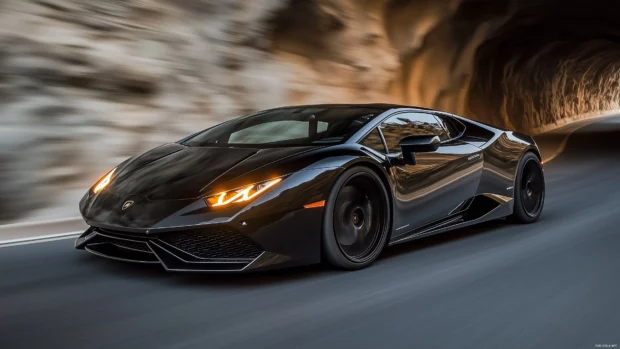 A black Lamborghini parked on a minimalist concrete floor.