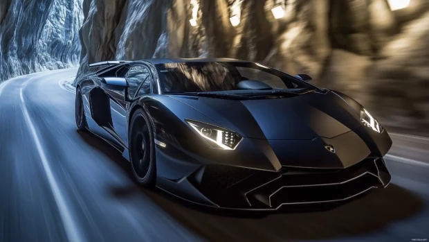 A black Lamborghini parked on a minimalist concrete floor, illuminated by soft golden sunset light.