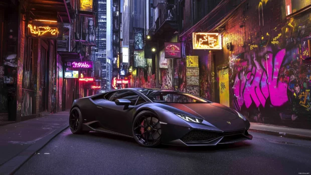 A black Lamborghini showcased in a neon lit urban alley.