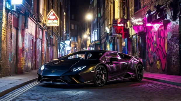 A black Lamborghini showcased in a neon lit urban alley, surrounded by glowing signs and graffiti.