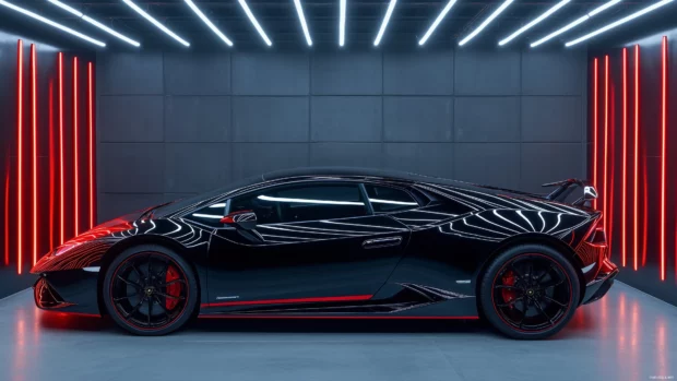 A black Lamborghini with red accents, captured in a futuristic garage with glowing LED lines.