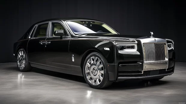 A black Rolls Royce Phantom with its iconic grille glinting faintly, surrounded by deep shadows and minimal lighting on a pitch black background.