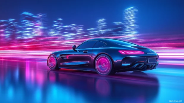 A black car with neon blue and pink lights reflecting off its smooth surface, driving through a futuristic cityscape.