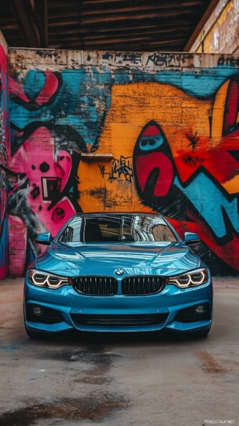 A blue BMW  Series coupe parked in an industrial area.