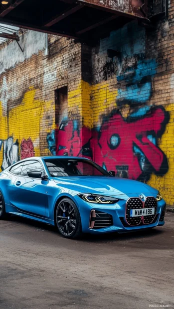 A blue BMW  Series coupe parked in an industrial area with vibrant graffiti walls in the background.