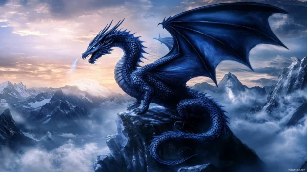 A blue Dragon coiling around a snowy mountain peak, its wings outstretched and a cold mist forming from its breath, under a twilight sky.