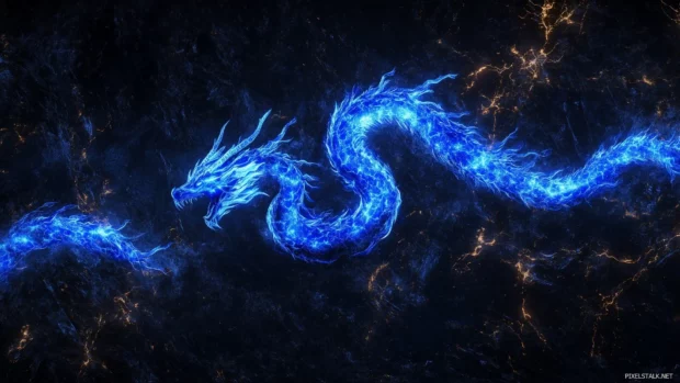 A blue Dragon wrapped in glowing lightning bolts, flying through a dark stormy night.