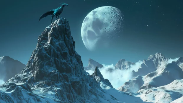 A blue ice dragon perched on a snowy peak, its scales shimmering in the cold light of the moon, with mist rising around it.