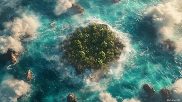 A breathtaking aerial view of a small tropical island surrounded by coral reefs, vibrant turquoise water with gentle waves, dense palm trees in the center, and soft clouds above.