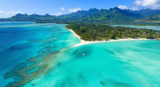 A breathtaking aerial view of a tropical island surrounded by crystal clear turquoise water, coral reefs.