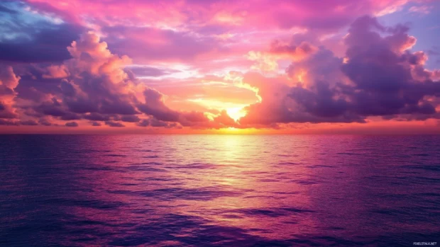 A breathtaking sunset over the ocean, with clouds painted in shades of pink, purple, and orange, reflecting on the water below.