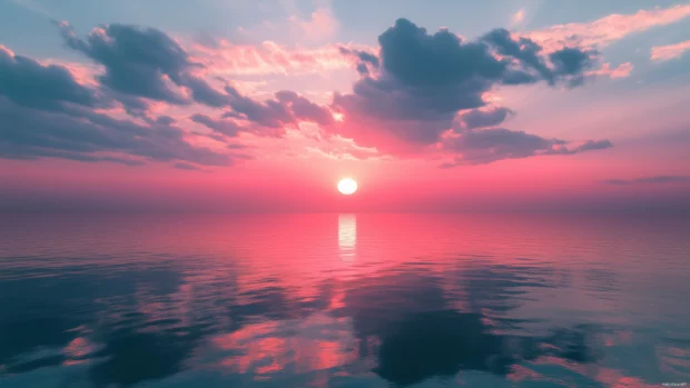 A breathtaking sunset over the ocean, with clouds painted in shades of pink, purple, and orange, reflecting on the water below.