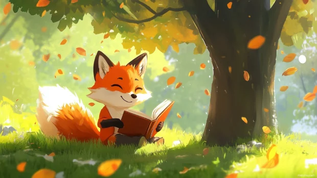 A charming chibi fox reading a book under a tree.