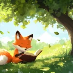 A charming kawaii fox reading a book under a tree, with a gentle breeze and fluttering leaves creating a peaceful atmosphere.