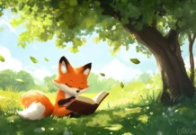 A charming kawaii fox reading a book under a tree, with a gentle breeze and fluttering leaves creating a peaceful atmosphere.