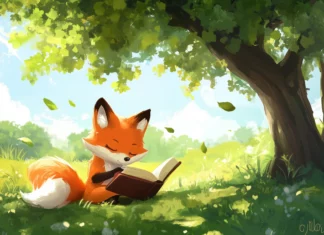 A charming kawaii fox reading a book under a tree, with a gentle breeze and fluttering leaves creating a peaceful atmosphere.