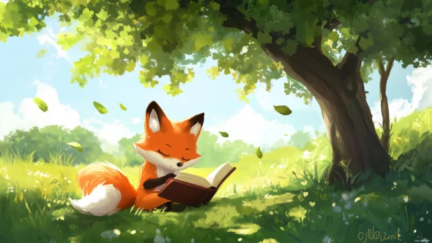 A charming kawaii fox reading a book under a tree, with a gentle breeze and fluttering leaves creating a peaceful atmosphere.