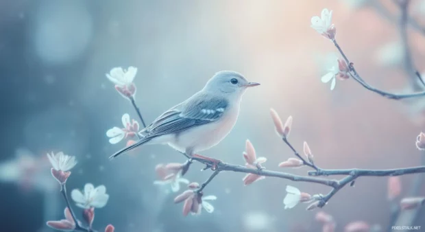 A charming simple wallpaper of a tiny bird perched on a delicate branch with tiny pastel flowers.