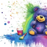 A cheerful Kawaii bear painting a colorful rainbow.