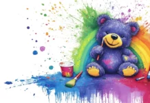 A cheerful Kawaii bear painting a colorful rainbow.