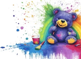 A cheerful Kawaii bear painting a colorful rainbow.