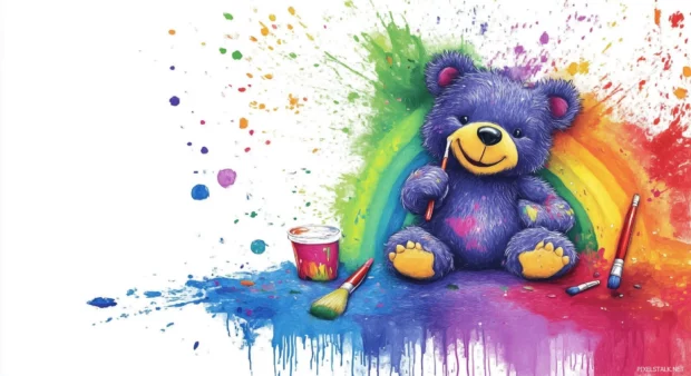 A cheerful Kawaii bear painting a colorful rainbow.