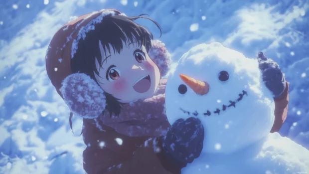 A cheerful anime girl wearing a cute winter coat and earmuffs, building a snowman in a snowy landscape, with snowflakes gently falling around her.