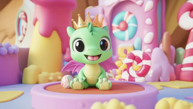 A cheerful, bright green dragon desktop wallpaper with big round eyes, wearing a tiny crown and sitting inside a colorful candy world with lollipops and sweets.