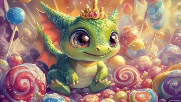 A cheerful, bright green dragon with big round eyes, wearing a tiny crown and sitting inside a colorful candy world with lollipops and sweets.