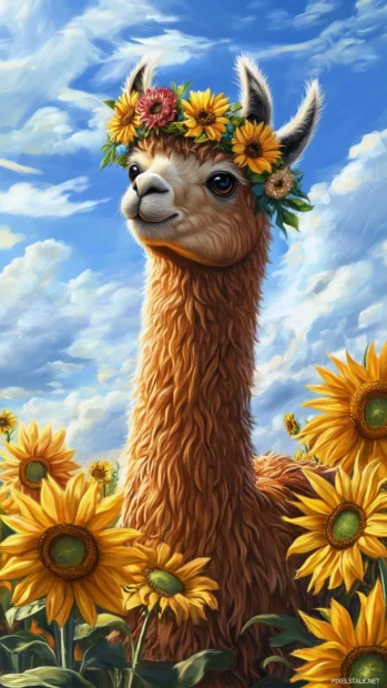 A chibi alpaca wearing a flower crown, standing in a vibrant field of sunflowers with a bright blue sky overhead.