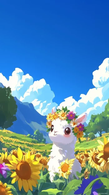 A chibi alpaca wearing a flower crown, standing in a vibrant field of sunflowers with a bright blue sky overhead.