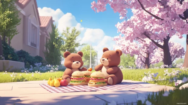 A chibi bears having a picnic in a sunny park, with cute sandwiches, fruits, and a checkered blanket.