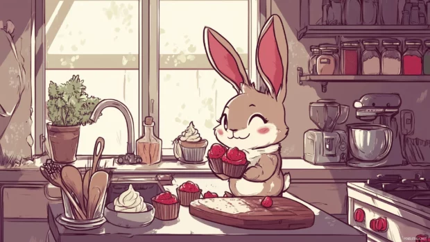 A chibi bunny baking cupcakes in a cozy kitchen, surrounded by ingredients and happy kitchen utensils.