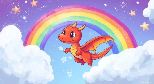 A chibi dragon flying through a rainbow.