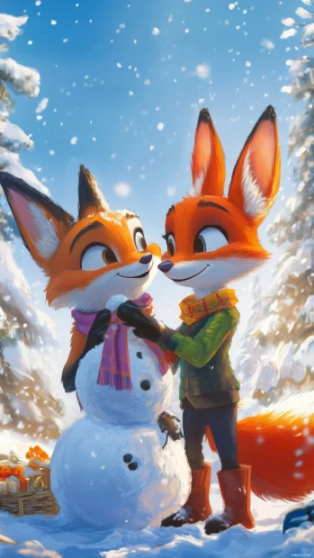 A chibi fox and rabbit building a snowman together in a winter wonderland, with snowy trees and colorful scarves.