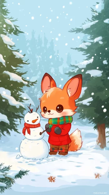 A chibi fox and rabbit building a snowman together in a winter wonderland, with snowy trees and colorful scarves.